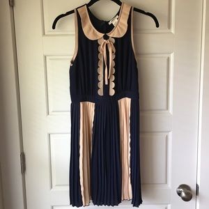 Navy and Cream Dress with Pleated Skirt